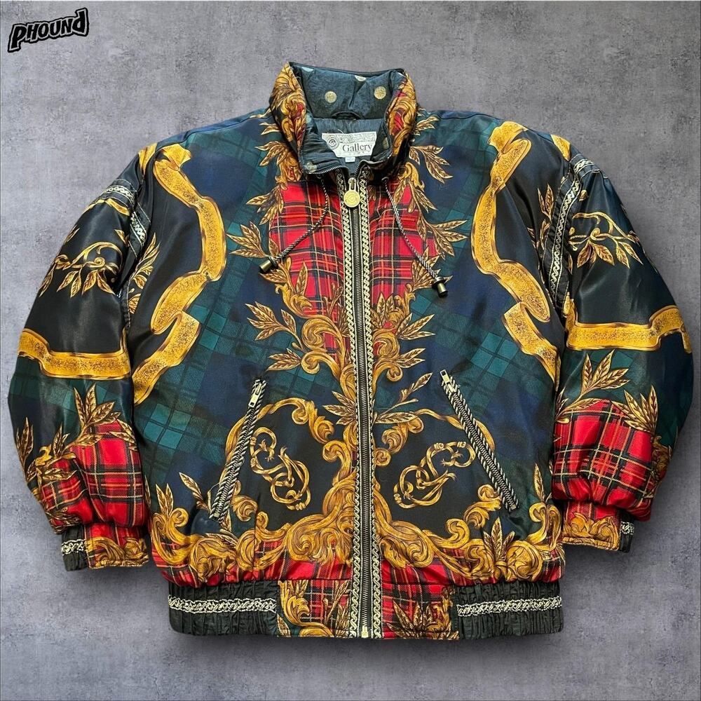 Vtg Gallery Down Jacket Womens S Baroque Plaid Puffer Bomber